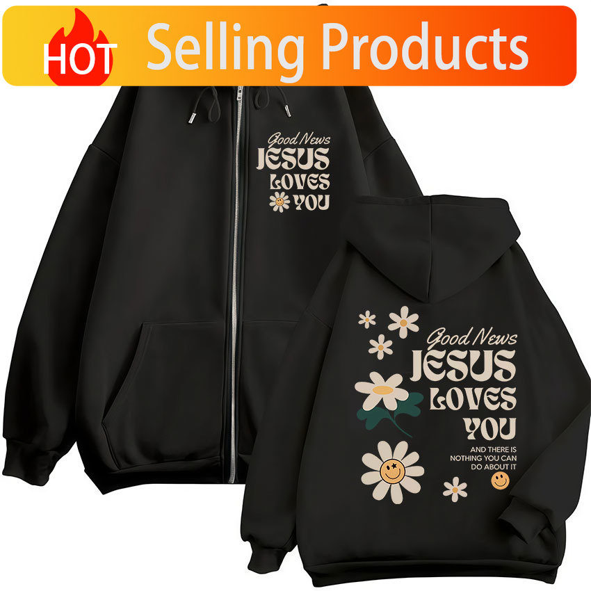 Mens Fashion Zip Up Hoodies - Dobre Wiadomości Jezus Cię Kocha Chrześcijańskie